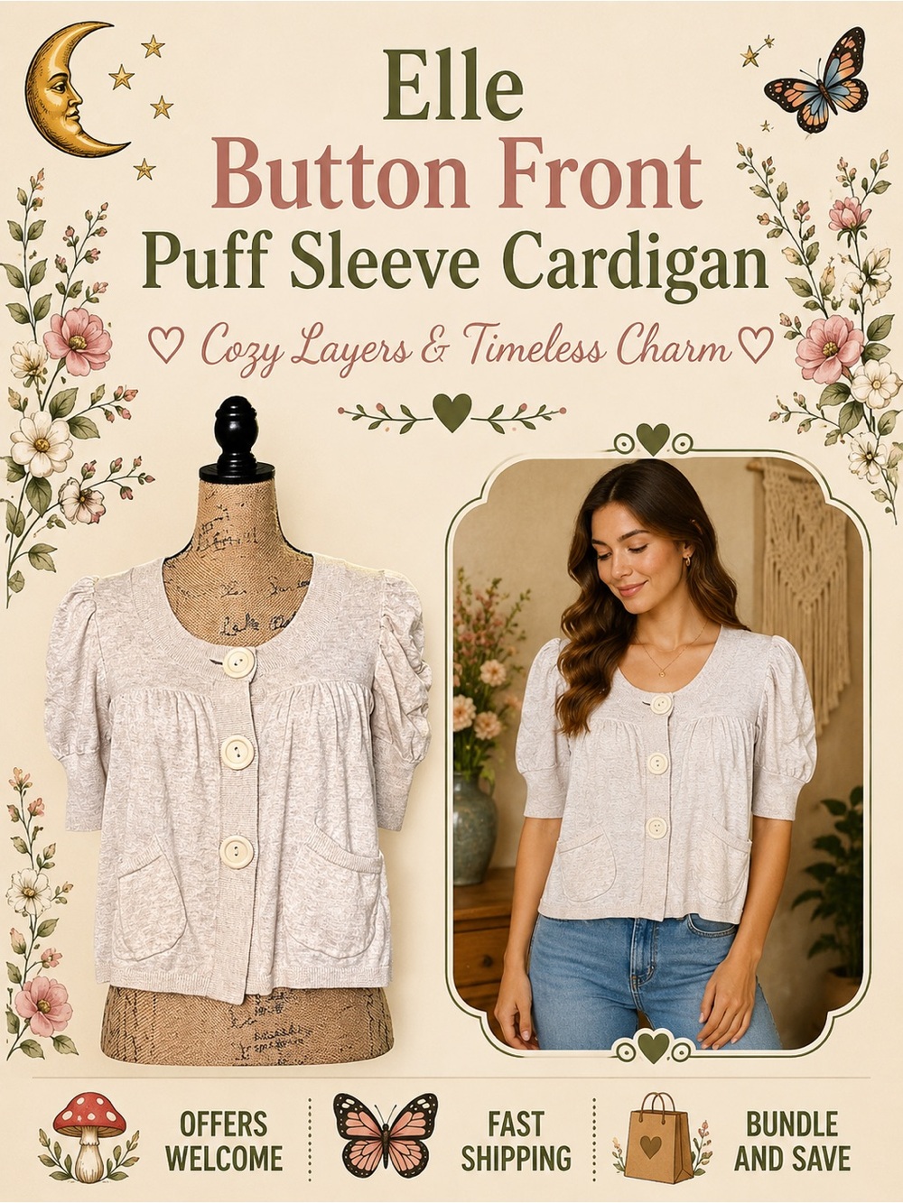 Elle Oatmeal Button Front Puff Sleeve Cardigan Sweater Size XSmall